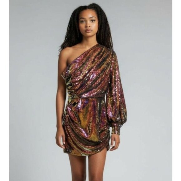 ALEX PERRY Jackson One-sleeve Sequined Satin Mini Dress In Pink NWOT - Size 6 US - Picture 3 of 11